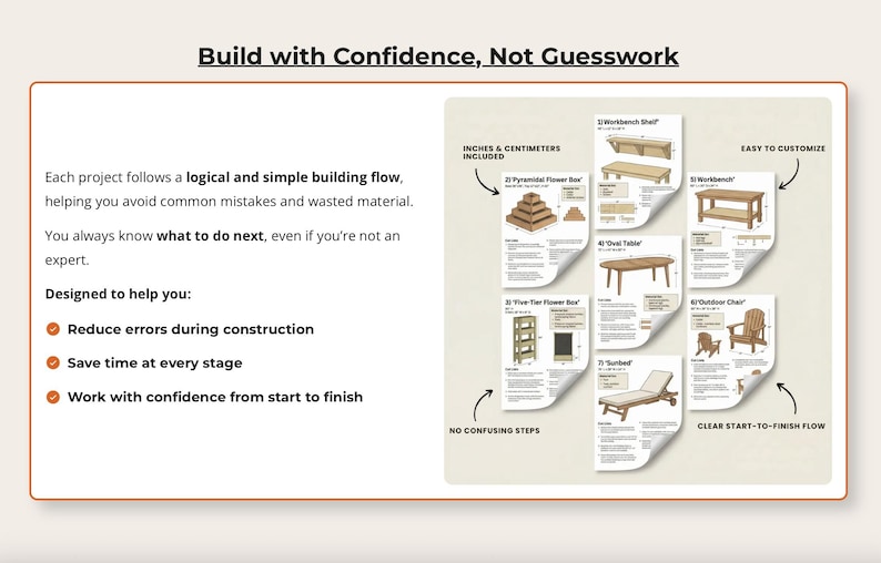May include: An image with the text "Build with Confidence, Not Guesswork." It shows illustrated woodworking plans for various projects, including a workbench, flower boxes, an oval table, and an outdoor chair. The plans include measurements in inches and centimeters.