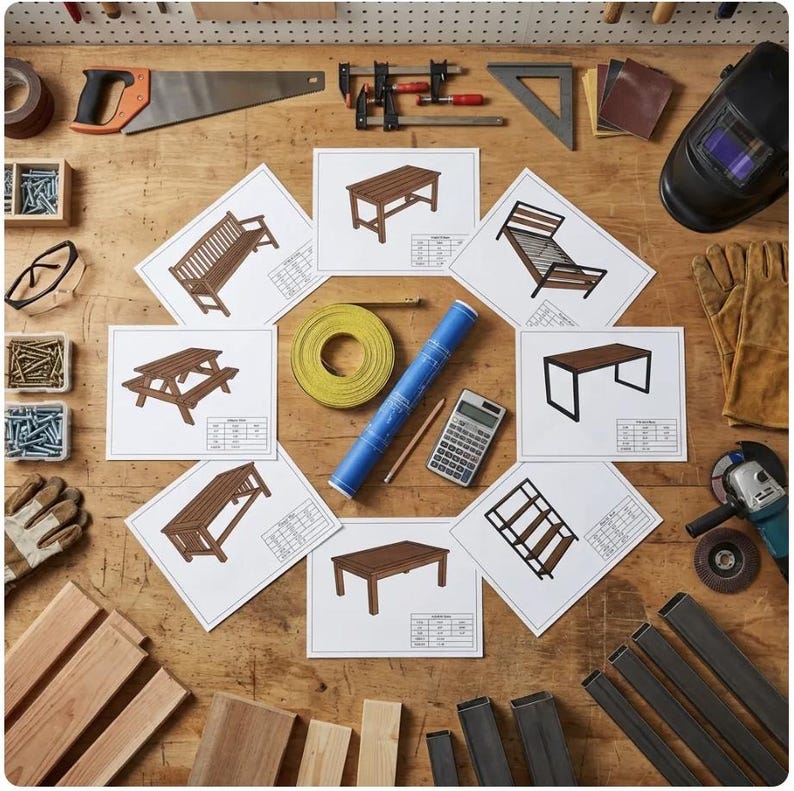 May include: A workshop scene with various woodworking tools and blueprints. The blueprints depict different wooden furniture designs, including tables and benches. A measuring tape, pencil, and calculator are also present, along with safety glasses and gloves.