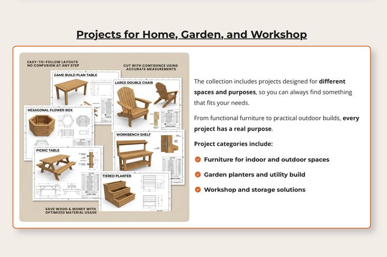 May include: A promotional image showcasing woodworking projects for home, garden, and workshop. The image includes illustrations of furniture like tables, chairs, and planters, along with project categories such as furniture, garden planters, and workshop solutions.