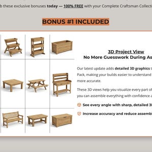 May include: A grid of wooden outdoor furniture, including planters, tiered shelves, tables, benches, and a picnic table. The text "BONUS #1 INCLUDED" is displayed above the grid. The text "3D Project View" and other descriptive text are also present.