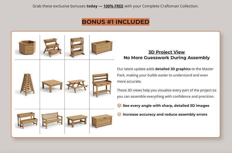 May include: A grid of wooden outdoor furniture, including planters, tiered shelves, tables, benches, and a picnic table. The text "BONUS #1 INCLUDED" is displayed above the grid. The text "3D Project View" and other descriptive text are also present.