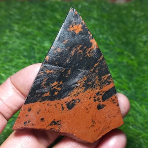 May include: A triangular stone with a black and reddish-brown pattern. The stone is held in a hand against a background of green grass. The stone's surface has a natural, textured appearance.