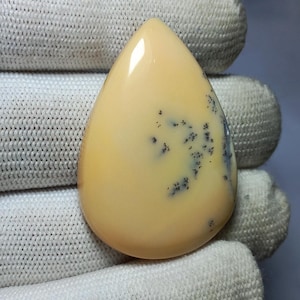 May include: A polished, teardrop-shaped gemstone with a creamy yellow base color. The stone features delicate black dendrite inclusions, creating a unique pattern. The gemstone is smooth and reflective, suggesting a high-quality finish.