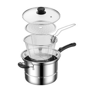 May include: Stainless steel cooking pot with a glass lid, a perforated steaming plate, and a mesh basket for frying. The pot has a black handle and a small side handle. The components are separated, showing the different parts.