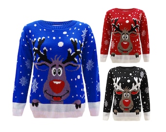 Knitted Reindeer Christmas Sweater: Women's Long Sleeve Xmas Jumper