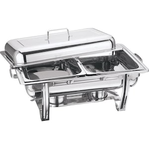 May include: A polished stainless steel chafing dish with a rectangular shape. It has a hinged lid with a handle, two food compartments, and a stand with legs. The chafing dish is designed to keep food warm.