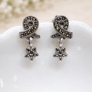 Marcasite Dangle Earrings | 925 Sterling Silver | Vintage Ribbon & Star Drop | Everyday ，Gift for Her