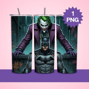 May include: A set of three stainless steel tumblers featuring Batman and the Joker. The Joker is in a purple coat and green hair, with Batman in a gray suit. The background shows a brick wall with graffiti. Each tumbler has a silver straw.