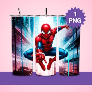 Puede incluir: Tres vasos de acero inoxidable con un diseño de Spider-Man. El superhéroe está representado con su traje clásico rojo y azul, con un fondo de paisaje urbano y salpicaduras de pintura azul. Cada vaso tiene una pajita plateada.