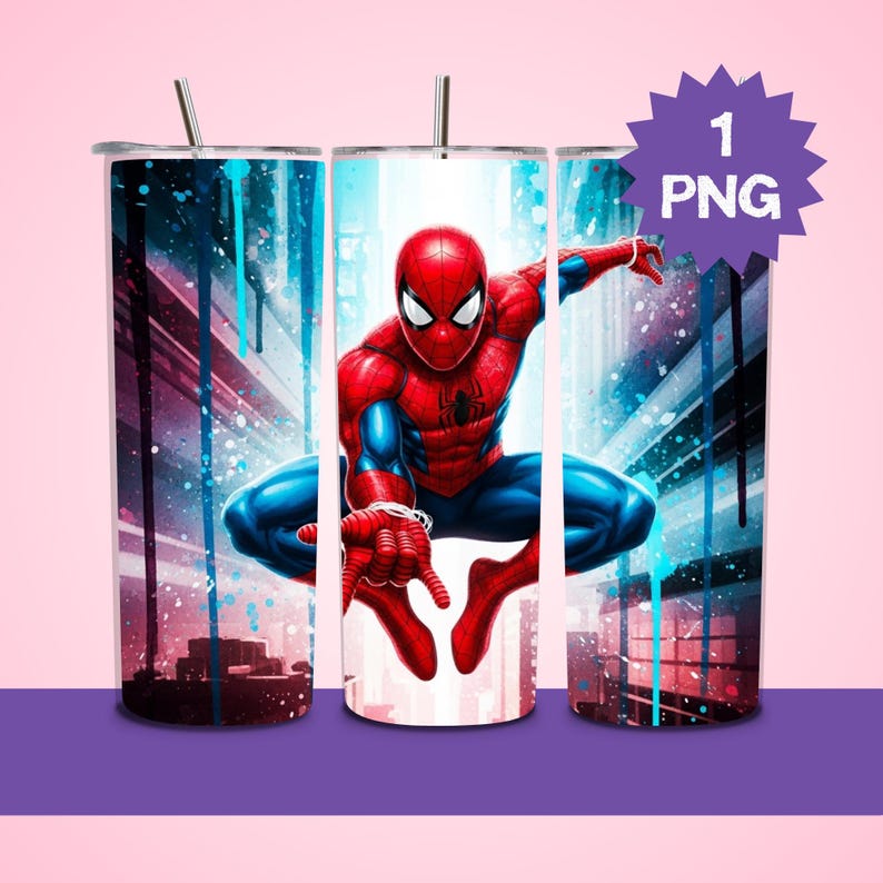 May include: Three stainless steel tumblers with a Spider-Man design. The superhero is depicted in his classic red and blue suit, with a cityscape and blue paint splatter background. Each tumbler has a silver straw.