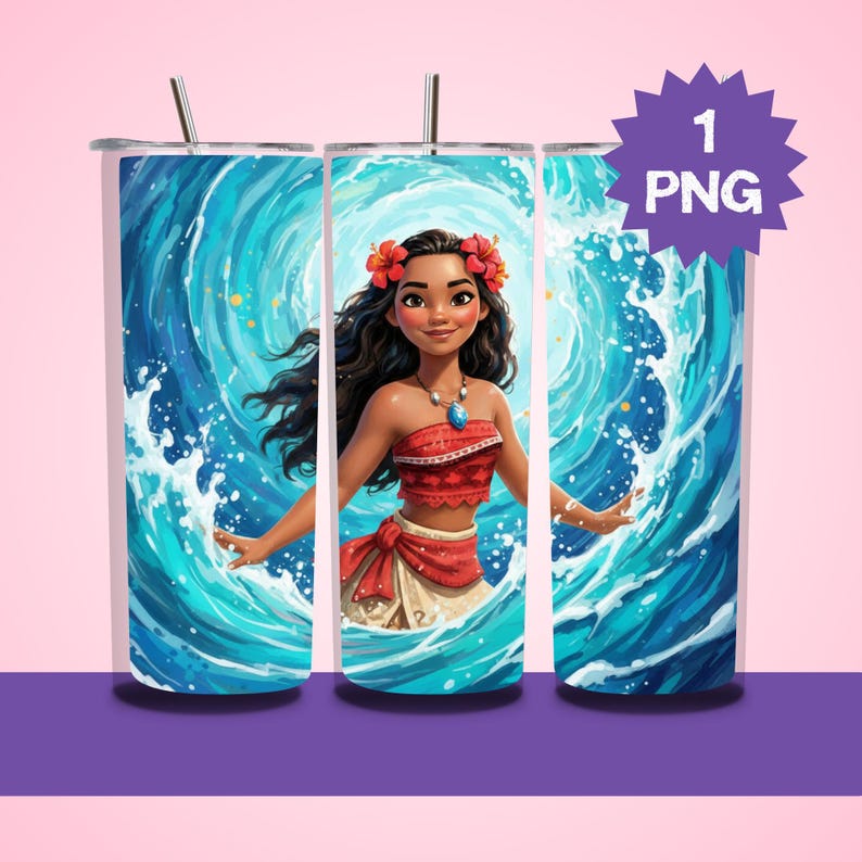 May include: A set of three stainless steel tumblers featuring a vibrant illustration of a Polynesian princess in a red top and skirt, surrounded by swirling blue ocean waves. Each tumbler has a silver straw and a lid. The image includes a purple starburst with the text "1 PNG".