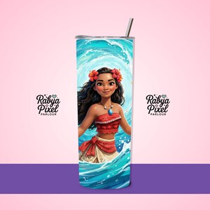 May include: A tall, stainless steel tumbler featuring a vibrant illustration of a character from a popular animated film. The design showcases the character in a red and white outfit, surrounded by blue ocean waves. The tumbler includes a silver straw.