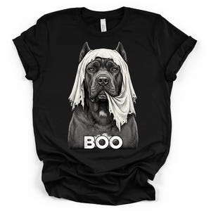 Puede incluir: Una camiseta negra de manga corta con el gráfico de un perro oscuro que lleva una sábana blanca desgarrada sobre la cabeza como un fantasma. La palabra BOO está impresa en letras mayúsculas blancas y desgastadas bajo la ilustración.