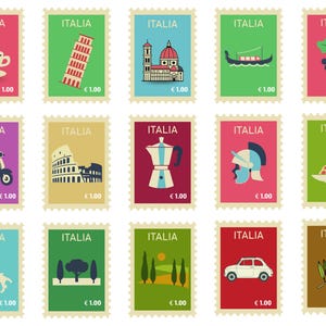 May include: A collection of Italian postage stamps featuring iconic symbols. Each stamp has a unique design, including a coffee cup, the Leaning Tower of Pisa, a church, a gondola, grapes, a scooter, the Colosseum, a coffee pot, a Roman helmet, pasta, a map, trees, a car, and olives.