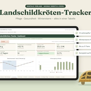 Könnte beinhalten: Eine digitale Landschildkröten-Tracker-Tabelle für Google Sheets und Excel. Das Dashboard zeigt Messwerte wie Gewicht in Gramm, Panzerlänge in Zentimetern, Alter, Fütterungshäufigkeit und den Status der Winterstarre für bis zu fünf Tiere an.
