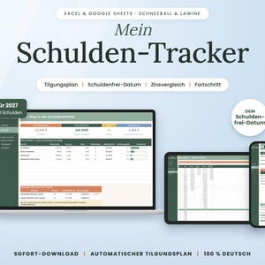 以下が含まれることがあります： ExcelおよびGoogleスプレッドシート用のデジタル債務トラッカー「Mein Schulden-Tracker」。インターフェースには、返済計画、債務完済日、金利比較、進捗バーが表示されており、ノートパソコン、タブレット、スマートフォンの画面で確認できます。