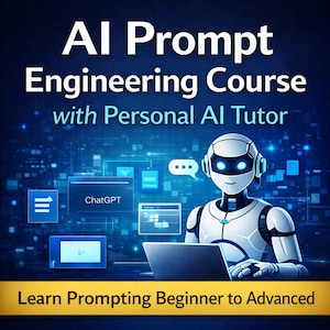 May include: A digital graphic advertising an AI Prompt Engineering Course with a Personal AI Tutor. The image shows a futuristic robot, a laptop, and the text "ChatGPT". The bottom banner reads "Learn Prompting Beginner to Advanced". The background is a blue digital network.
