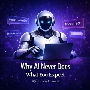May include: A futuristic robot with a laptop, surrounded by speech bubbles with phrases like "I don't understand" and "Incorrect result." The image has the text "Why AI Never Does What You Expect. It's not randomness."