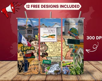 Iowa Tumbler Wrap, 20oz Skinny Sublimation Design (Digital Download)