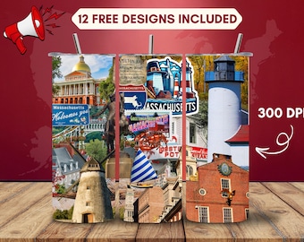 Massachusetts Tumbler Wrap PNG, Bay State Sublimation Design, 20oz Skinny Tumbler Digital Download