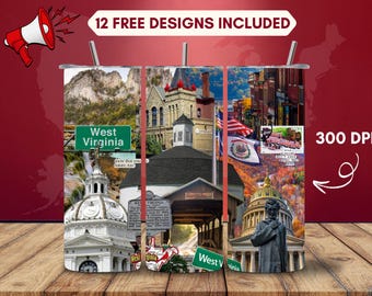 West Virginia Tumbler PNG, 20 oz Tumbler Wrap, The Mountain State, Nature and Historic Buildings Collage, Digital Download