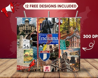 Indiana Tumbler Wrap PNG, Hoosier State Sublimation Design, 20oz Skinny Tumbler Digital Download
