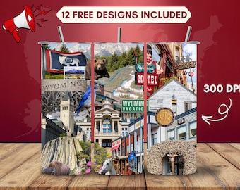 Vaso Wyoming PNG, envoltura para vaso de 20 oz, arco de astas de alce, montañas nevadas, collage de vida silvestre y edificios, diseño de sublimación