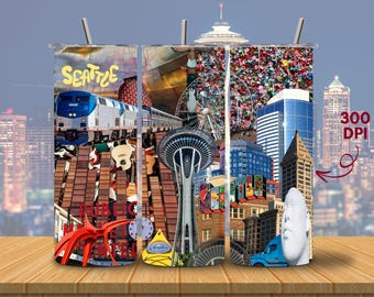 Envoltorio para vaso delgado de 20 oz con collage de monumentos de Seattle (descarga digital)