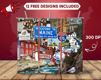 Maine Tumbler Wrap PNG, Pine Tree State Sublimation Design, 20oz Skinny Tumbler Digital Download