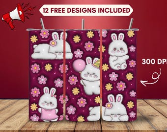 3D Bunny Flower Tumbler Wrap PNG, Cute Inflated 20oz Tumbler Design, Floral Sublimation, Digital Download
