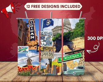 Michigan Tumbler Wrap PNG, Great Lakes State Sublimation Design, 20oz Skinny Tumbler Digital Download