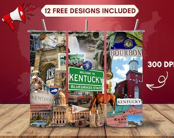 Envoltura para vaso Kentucky PNG, diseño de sublimación del estado de Bluegrass, vaso delgado de 20 oz, descarga digital