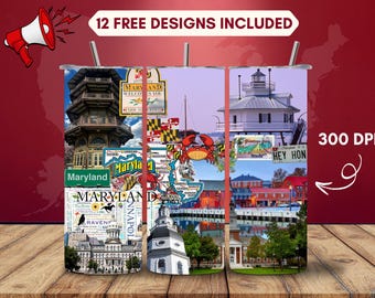 Maryland Tumbler Wrap PNG, Old Line State Sublimation Design, 20oz Skinny Tumbler Digital Download