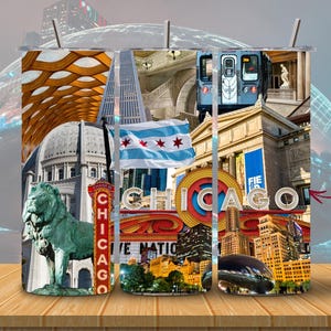 May include: A tumbler featuring a collage of Chicago landmarks, including the Chicago Theatre sign, the Bean sculpture, and the city's flag. The design incorporates various architectural elements and cityscapes.