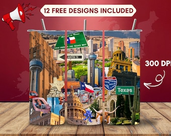 Texas Tumbler PNG, Lone Star State Collage, Sublimation Design (Digital Download)