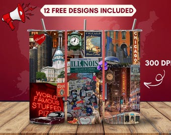 Illinois Tumbler Wrap PNG, Prairie State Sublimation Design, 20oz Skinny Tumbler Digital Download