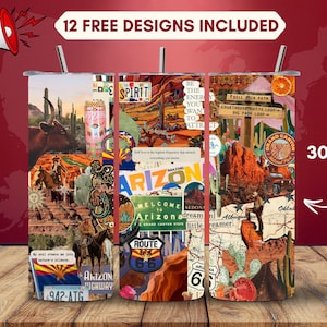 May include: Three stainless steel tumblers with Arizona-themed designs. Each tumbler features a collage of images including cacti, desert landscapes, and vintage travel elements. The text "12 FREE DESIGNS INCLUDED" is at the top. The tumblers have straws.
