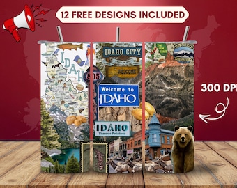 Idaho Tumbler Wrap PNG, Gem State Sublimation Design, 20oz Skinny Tumbler Digital Download