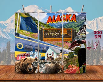 Alaska Tumbler Design PNG, Nature and Wildlife Collage, Bear and Mountains, Digital Download