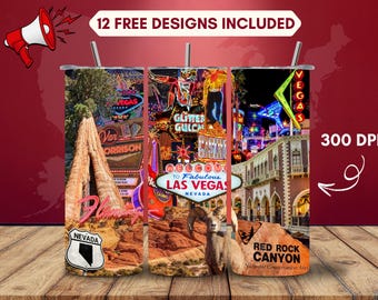 Las Vegas Tumbler Wrap, Nevada Landmarks, 20 oz Skinny Tumbler (PNG, PDF)