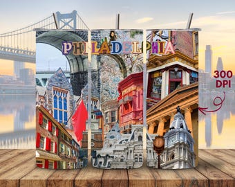 Philadelphia Landmarks PNG, Philly Tumbler Design, Sublimation Design, Pennsylvania City Collage, Digital Download