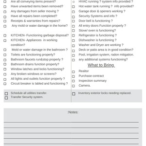May include: A white checklist titled "FINAL WALK THROUGH" with a list of items to check, such as appliances, utilities, and security systems. The checklist is designed to be used during a final inspection.