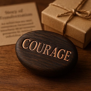 Könnte beinhalten: Ein dunkelbrauner, ovaler Holzstein mit dem Wort "COURAGE" in kupferfarbenen Buchstaben. Eine kleine Geschenkbox mit Kordel und eine Karte mit Text befinden sich im Hintergrund. Der Stein liegt auf einer Holzoberfläche.