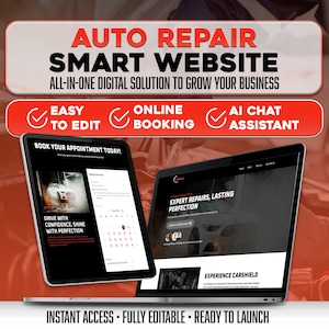 Puede incluir: Un portátil y una tableta muestran una interfaz de sitio web con el texto "AUTO REPAIR SMART WEBSITE". La imagen destaca funciones como "EASY TO EDIT", "ONLINE BOOKING" y "AI CHAT ASSISTANT". La tableta muestra un calendario y el portátil muestra "EXPERT REPAIRS, LASTING PERFECTION".