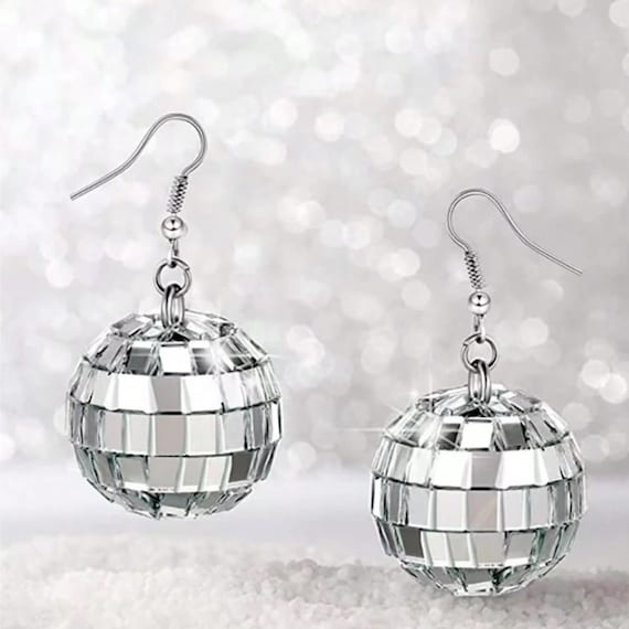 Pair Retro Disco Ball Earrings – 70s Style Silver Glitter Dangle