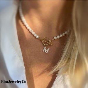 Classic Faux Pearl Initial Necklace A-Z Letter Pendant Toggle Clasp, Elegant Jewelry Gift for Women