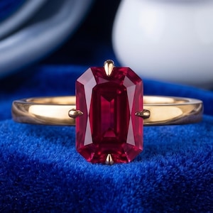 Emerald Cut Diamond Solitaire Ring, Gemstone Ruby Cubic Zirconia Ring, 14KT Gold Compass Set Ring, October Birthstone Gift For Girfriend