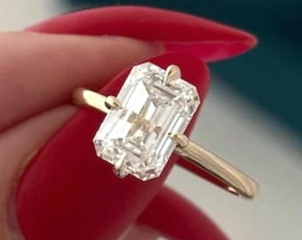 2.5 Carat Emerald Cut Moissanite Engagement Ring, Compass Setting 14K Gold Solitaire Promise Ring, Minimalist Proposal Ring, Bridal Jewelry.