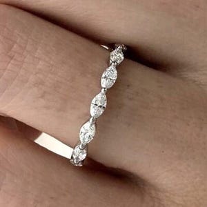 Marquise Moissanite Eternity Band: Dainty 14K White Gold Stackable Ring