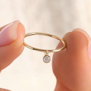 14K Gold Dangle Moissanite Ring: Dainty Bezel Charm, Stacking Ring